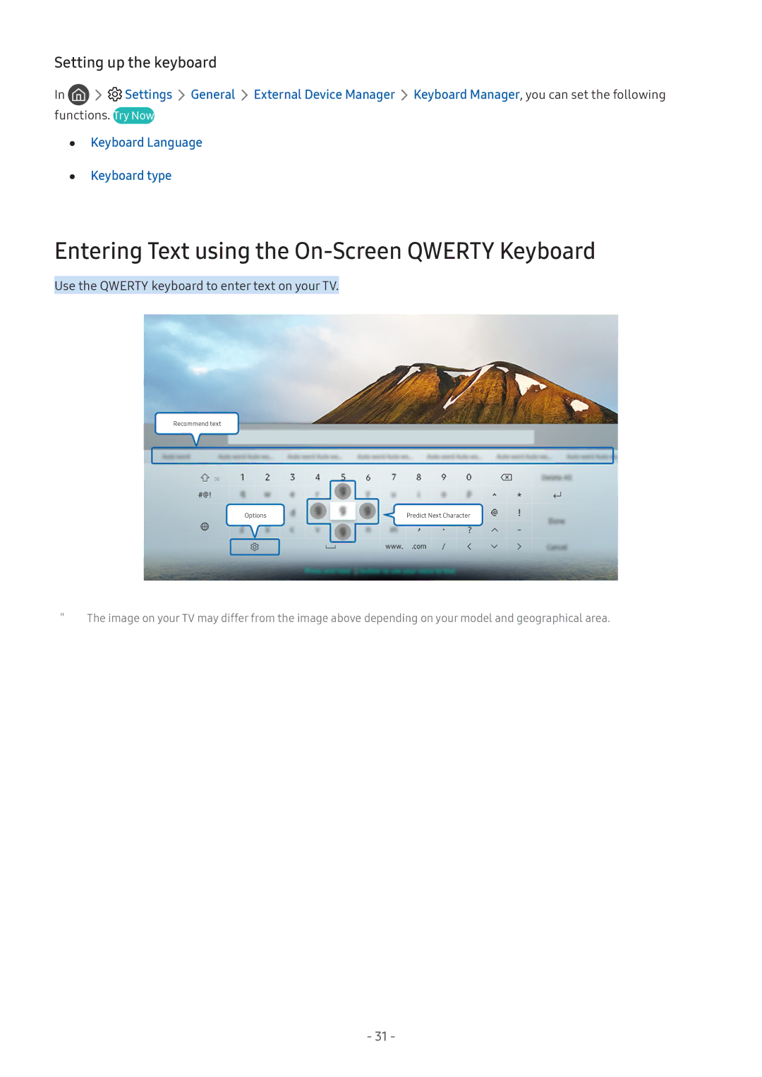 Samsung UE49M5602AKXXH, UE55M5570AUXZG manual Entering Text using the On-Screen Qwerty Keyboard, Setting up the keyboard 