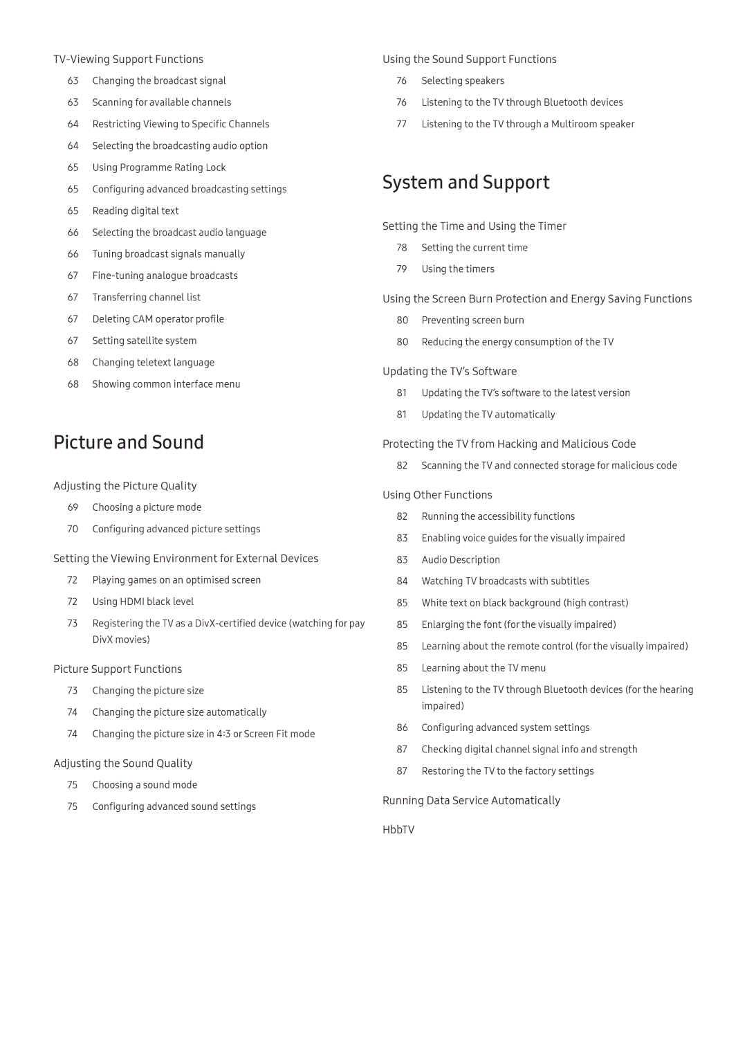 Samsung UE43M5580AUXZG, UE55M5570AUXZG, UE49M5580AUXZG, UE55M6399AUXZG, UE49M6379AUXZG Picture and Sound, System and Support 