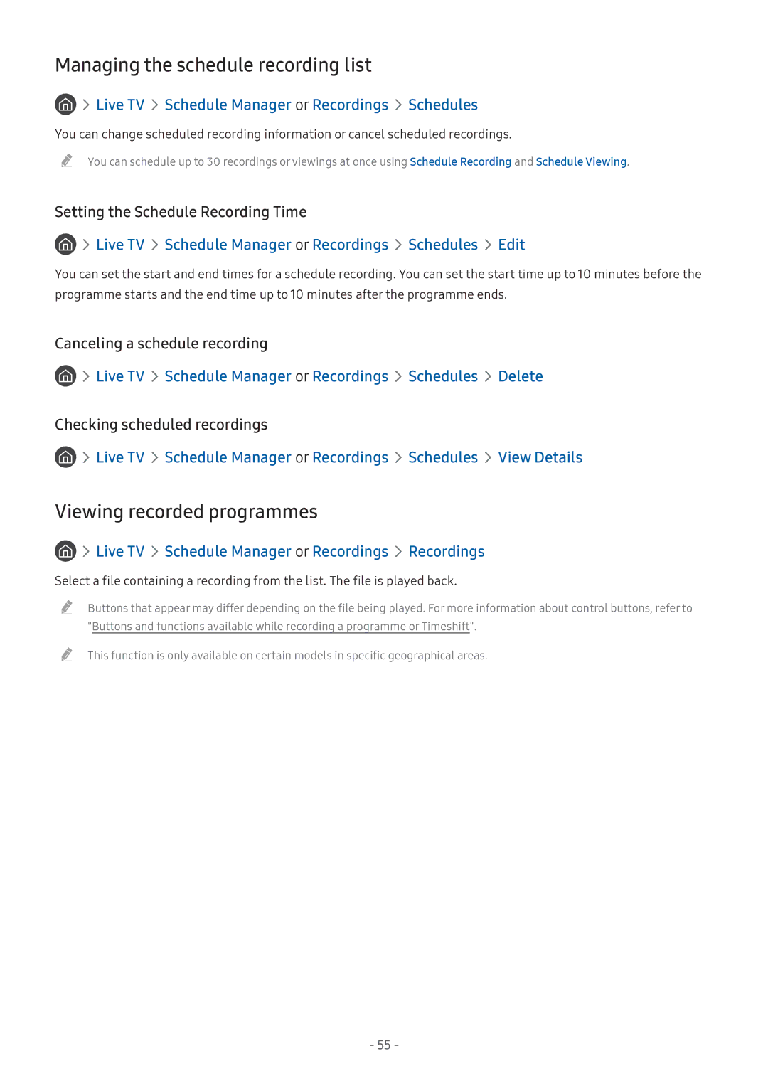 Samsung UE43M5520AKXZT, UE55M5570AUXZG, UE49M5580AUXZG Managing the schedule recording list, Viewing recorded programmes 