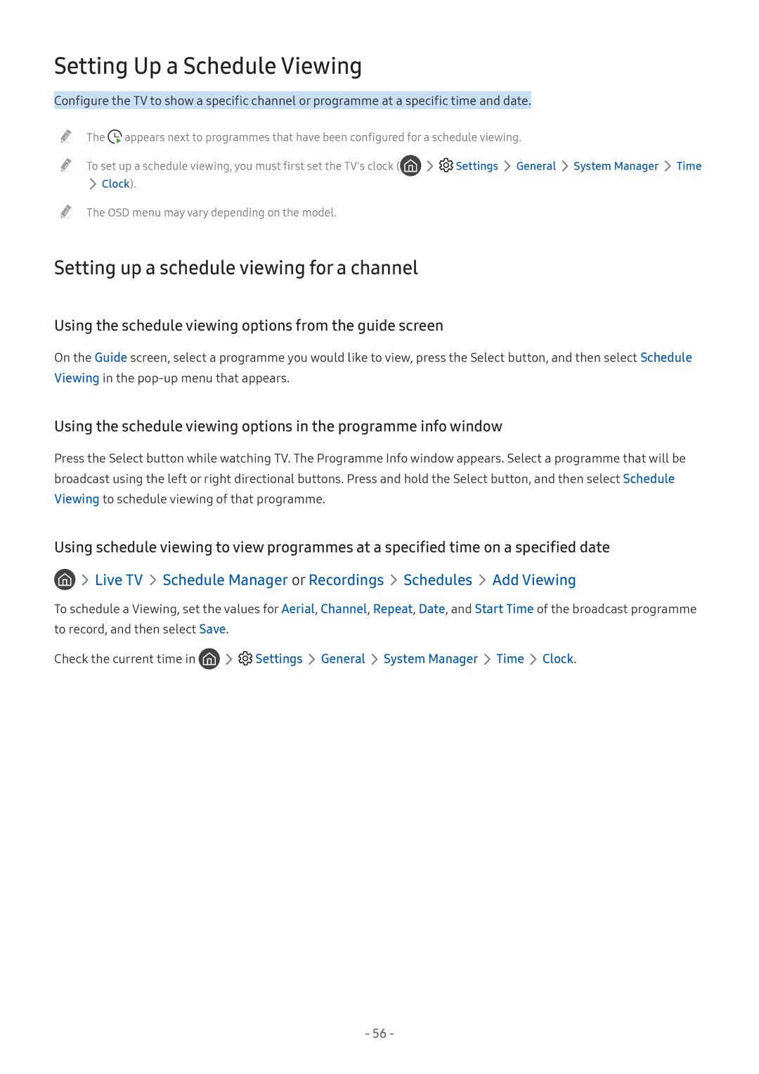 Samsung UE43M5510AKXZT, UE55M5570AUXZG manual Setting Up a Schedule Viewing, Setting up a schedule viewing for a channel 