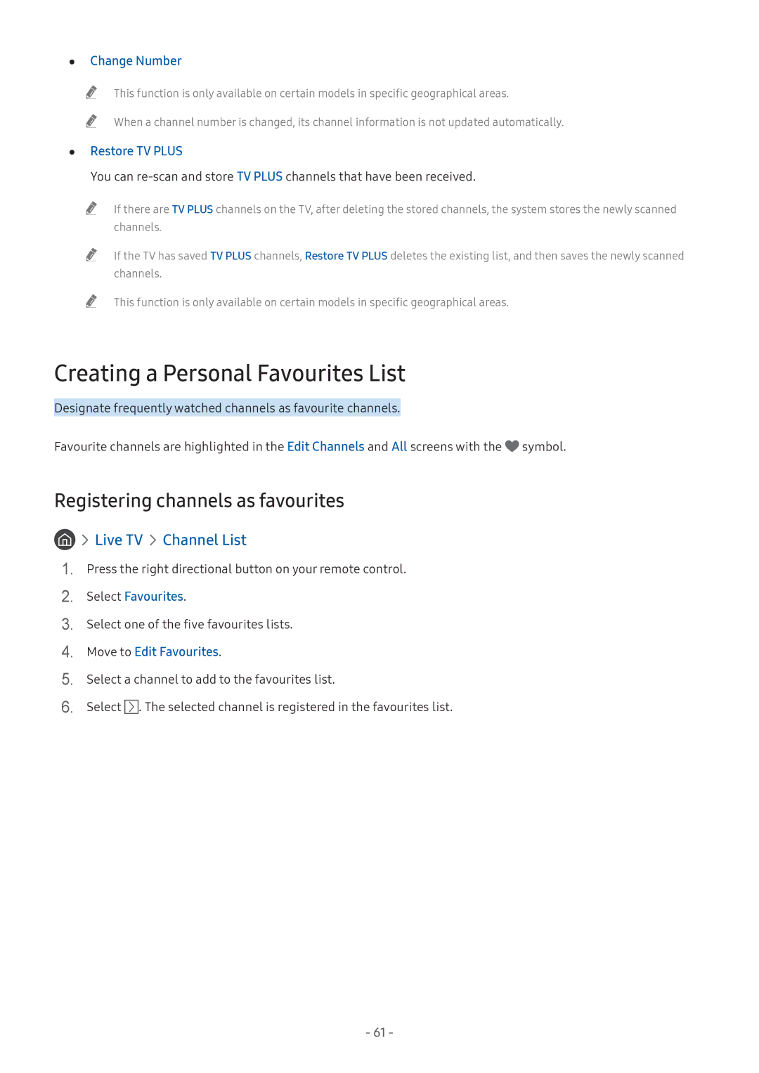 Samsung UE43M5670ASXXN, UE55M5570AUXZG manual Creating a Personal Favourites List, Registering channels as favourites 