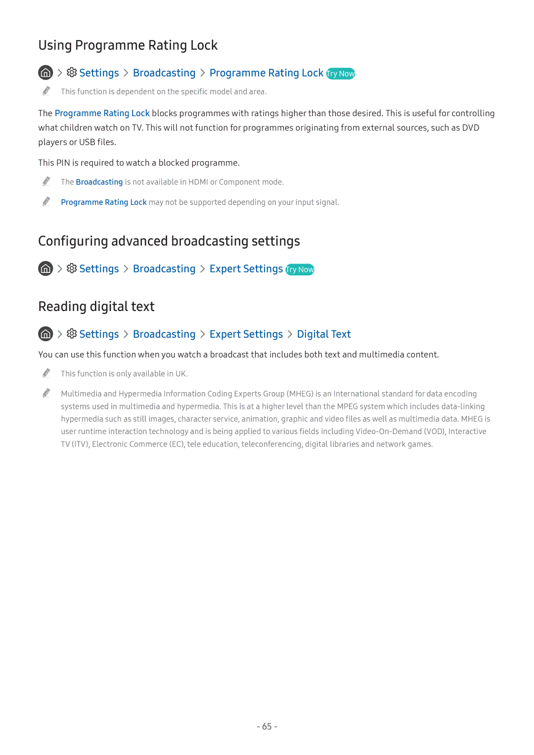 Samsung UE32M5690ASXXN manual Using Programme Rating Lock, Configuring advanced broadcasting settings, Reading digital text 