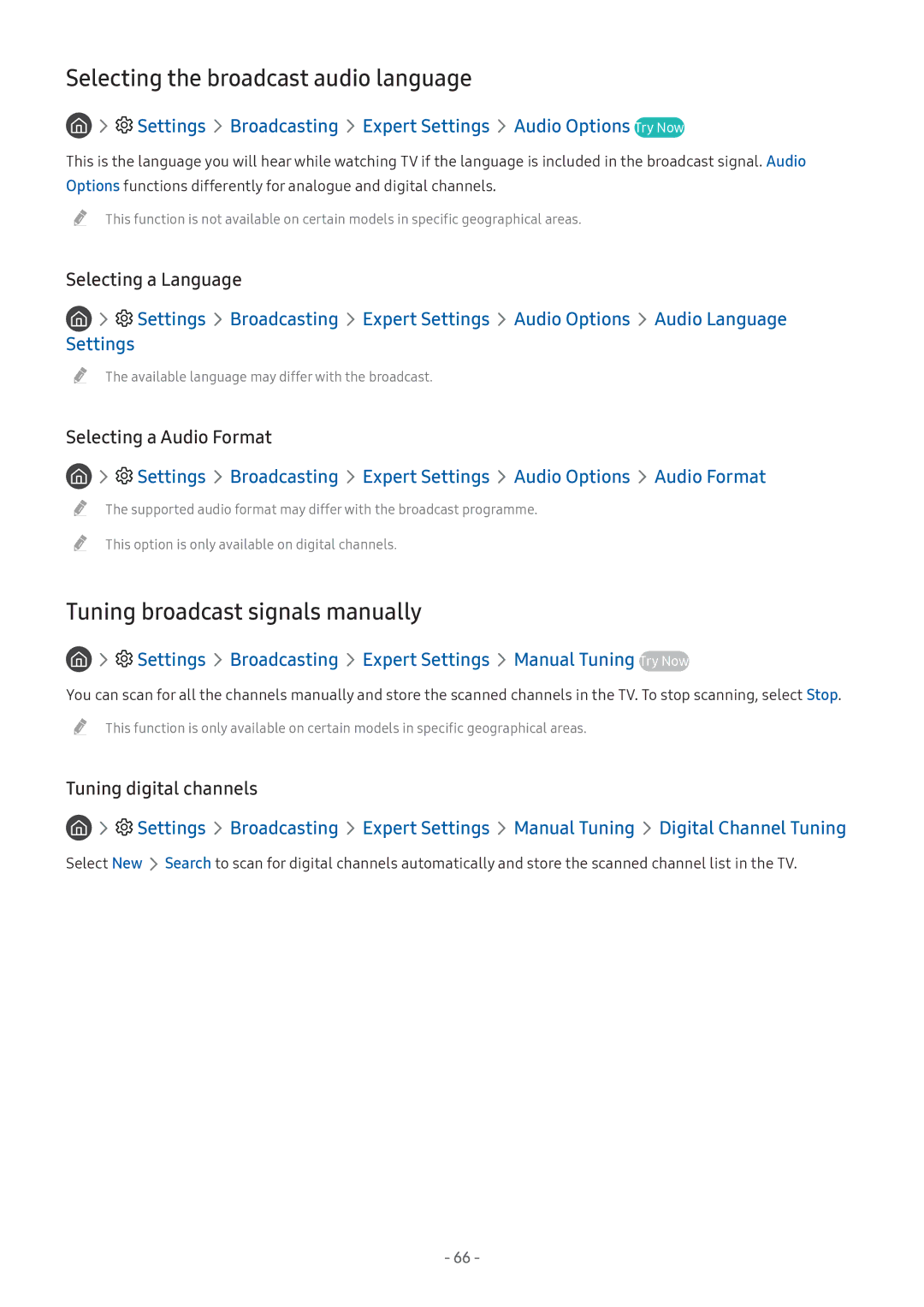 Samsung UE55M5605AKXXC Selecting the broadcast audio language, Tuning broadcast signals manually, Tuning digital channels 