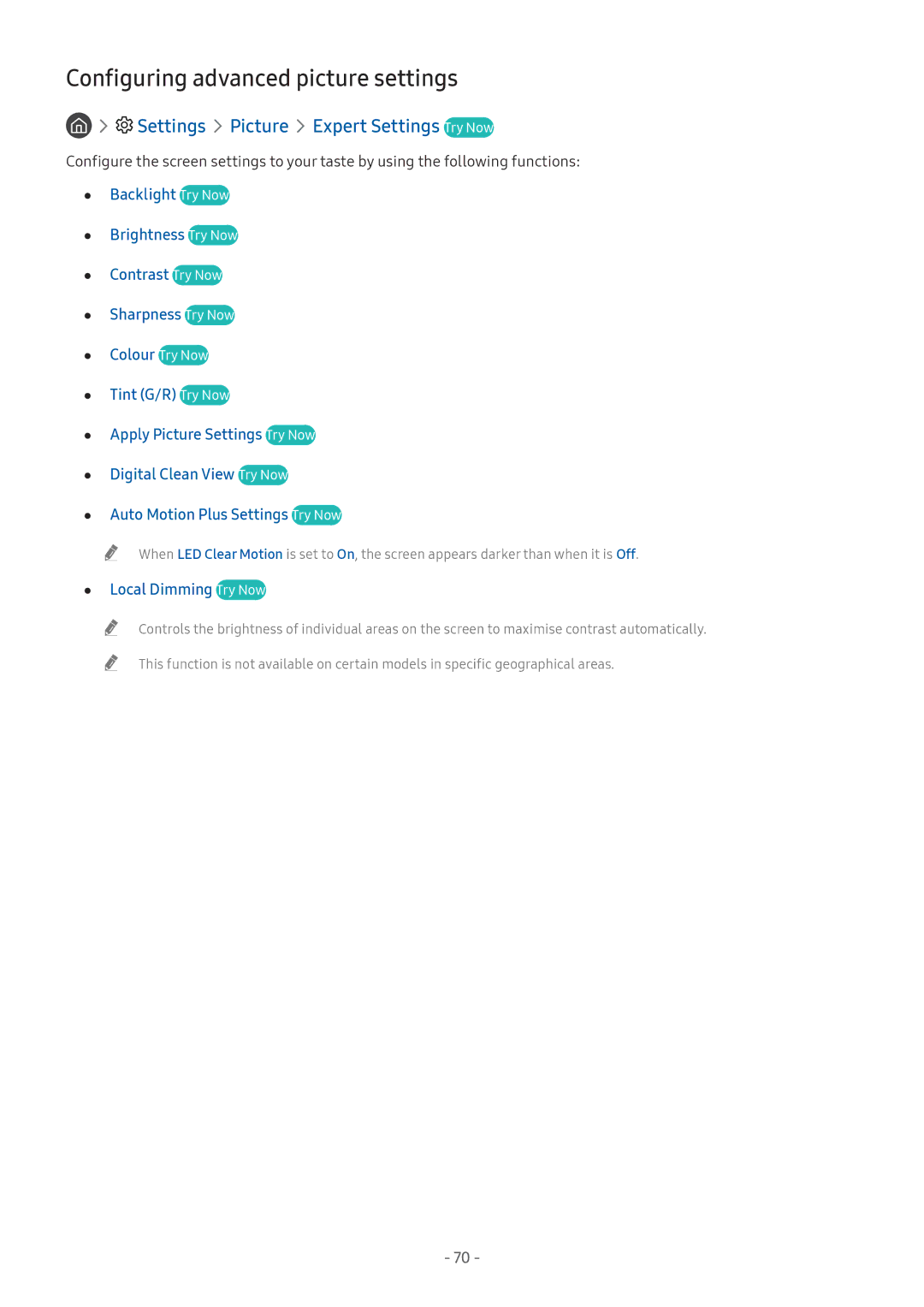 Samsung UE32M5605AKXXC, UE55M5570AUXZG Configuring advanced picture settings, Settings Picture Expert Settings Try Now 