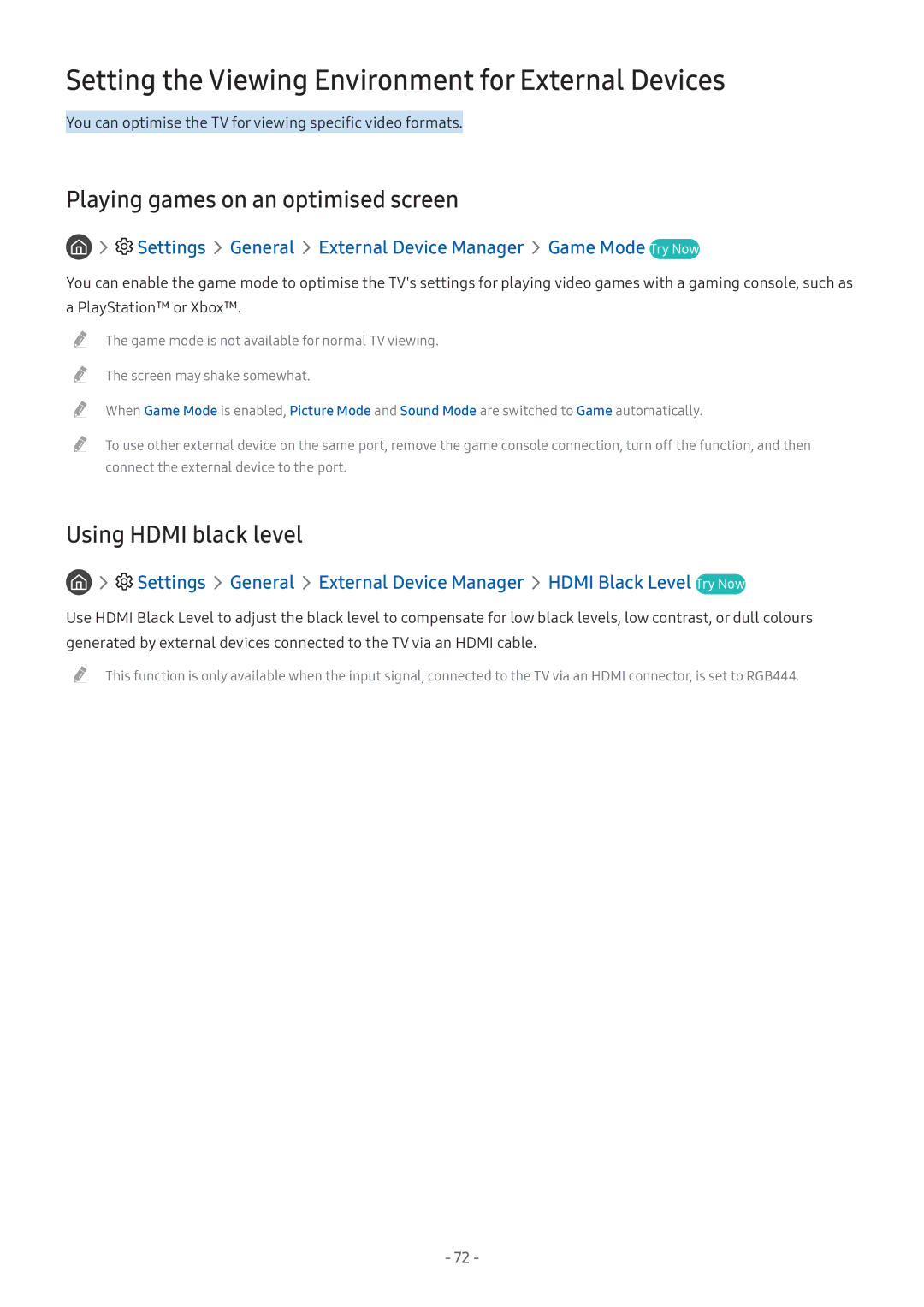 Samsung UE49M5575AUXXC manual Setting the Viewing Environment for External Devices, Playing games on an optimised screen 