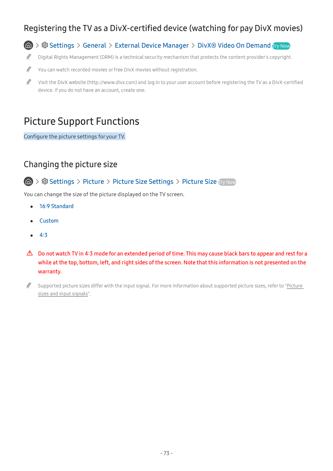 Samsung UE43M5505AKXXC, UE55M5570AUXZG manual Picture Support Functions, Changing the picture size, Standard Custom 