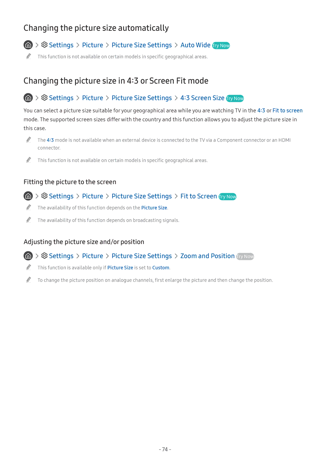 Samsung UE49M5522AKXXH manual Changing the picture size automatically, Changing the picture size in 43 or Screen Fit mode 