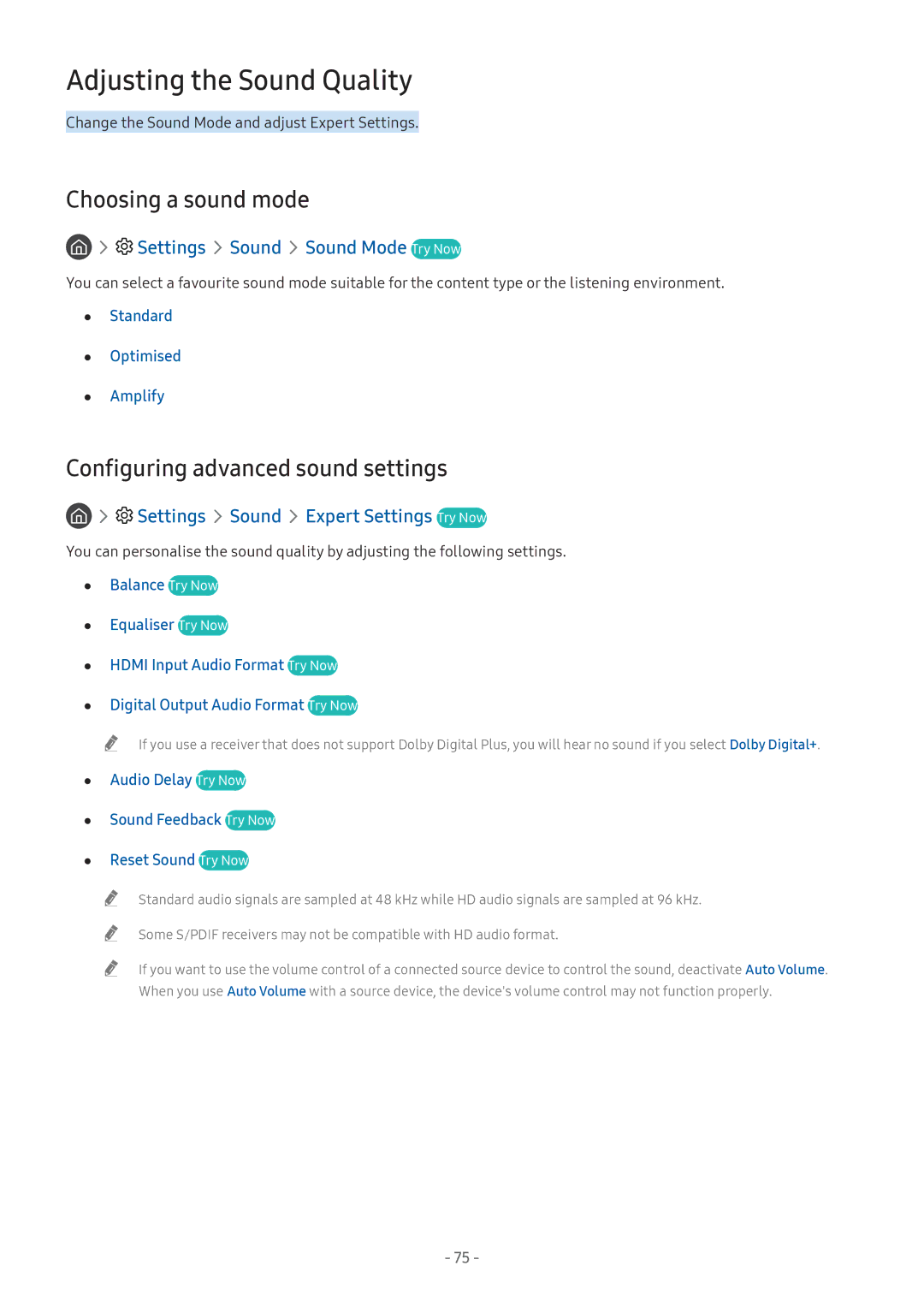 Samsung UE49M5582AUXXH manual Adjusting the Sound Quality, Choosing a sound mode, Configuring advanced sound settings 