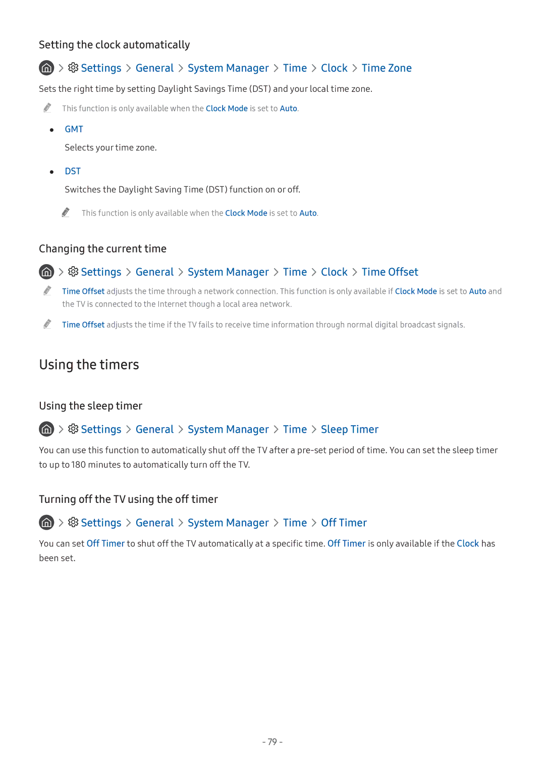 Samsung UE49M5672AUXXH, UE55M5570AUXZG manual Using the timers, Settings General System Manager Time Clock Time Zone 