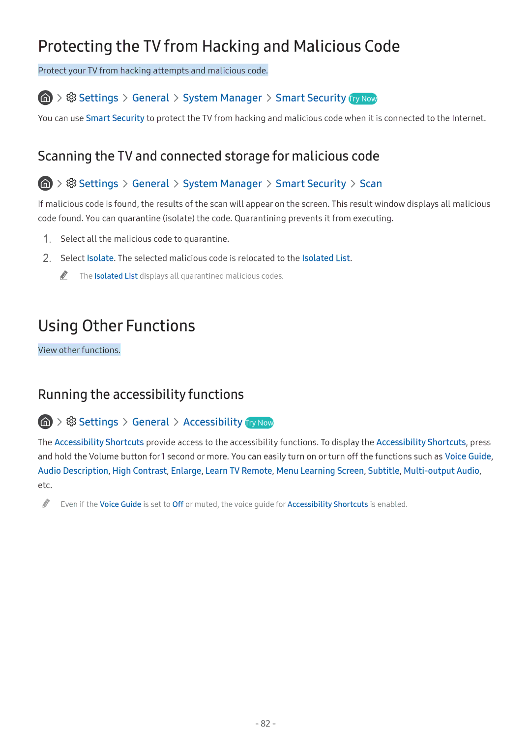 Samsung UE55M5572AUXXH, UE55M5570AUXZG manual Protecting the TV from Hacking and Malicious Code, Using Other Functions 