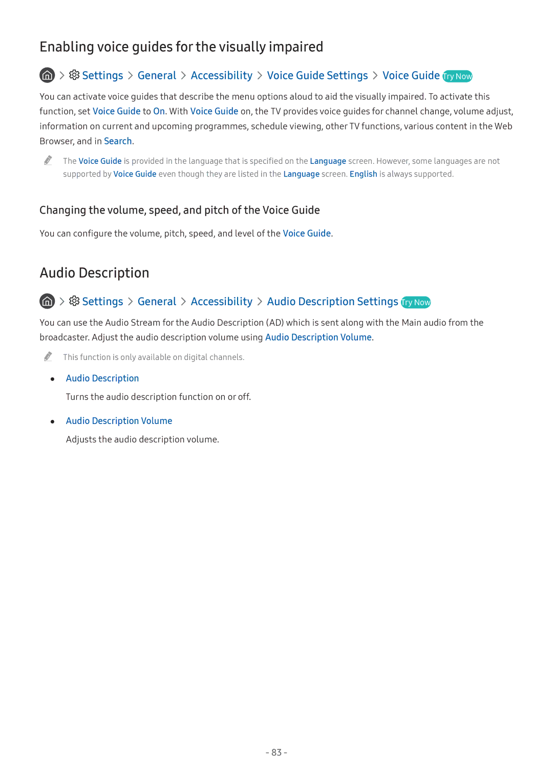 Samsung UE49M5572AUXXH, UE55M5570AUXZG manual Enabling voice guides for the visually impaired, Audio Description Volume 