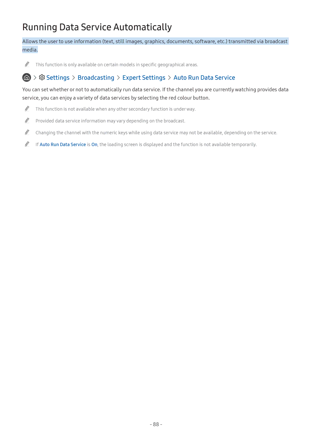 Samsung UE55M6322AKXXH Running Data Service Automatically, Settings Broadcasting Expert Settings Auto Run Data Service 