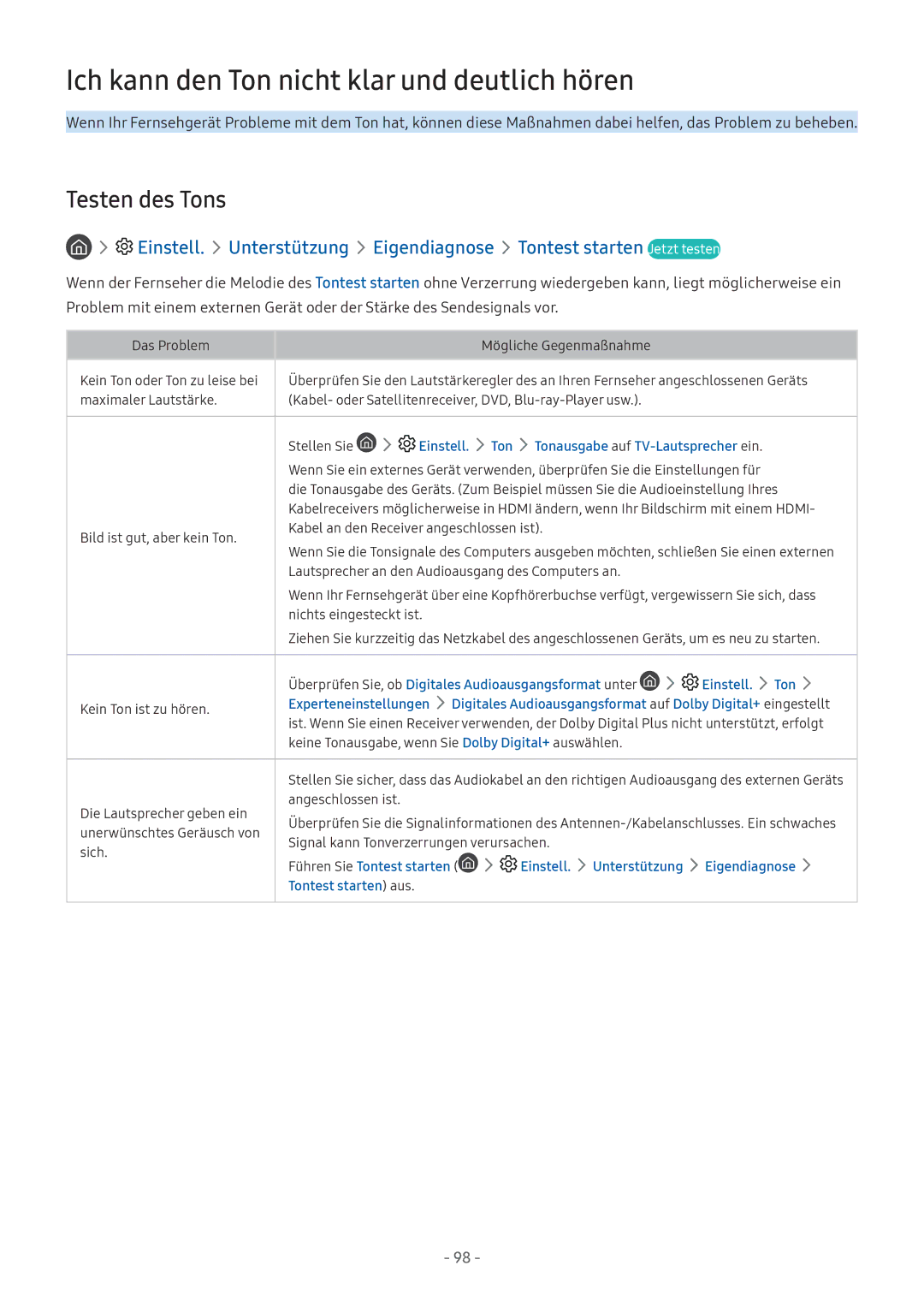 Samsung UE55M6379AUXZG, UE55M5570AUXZG, UE49M5580AUXZG manual Ich kann den Ton nicht klar und deutlich hören, Testen des Tons 