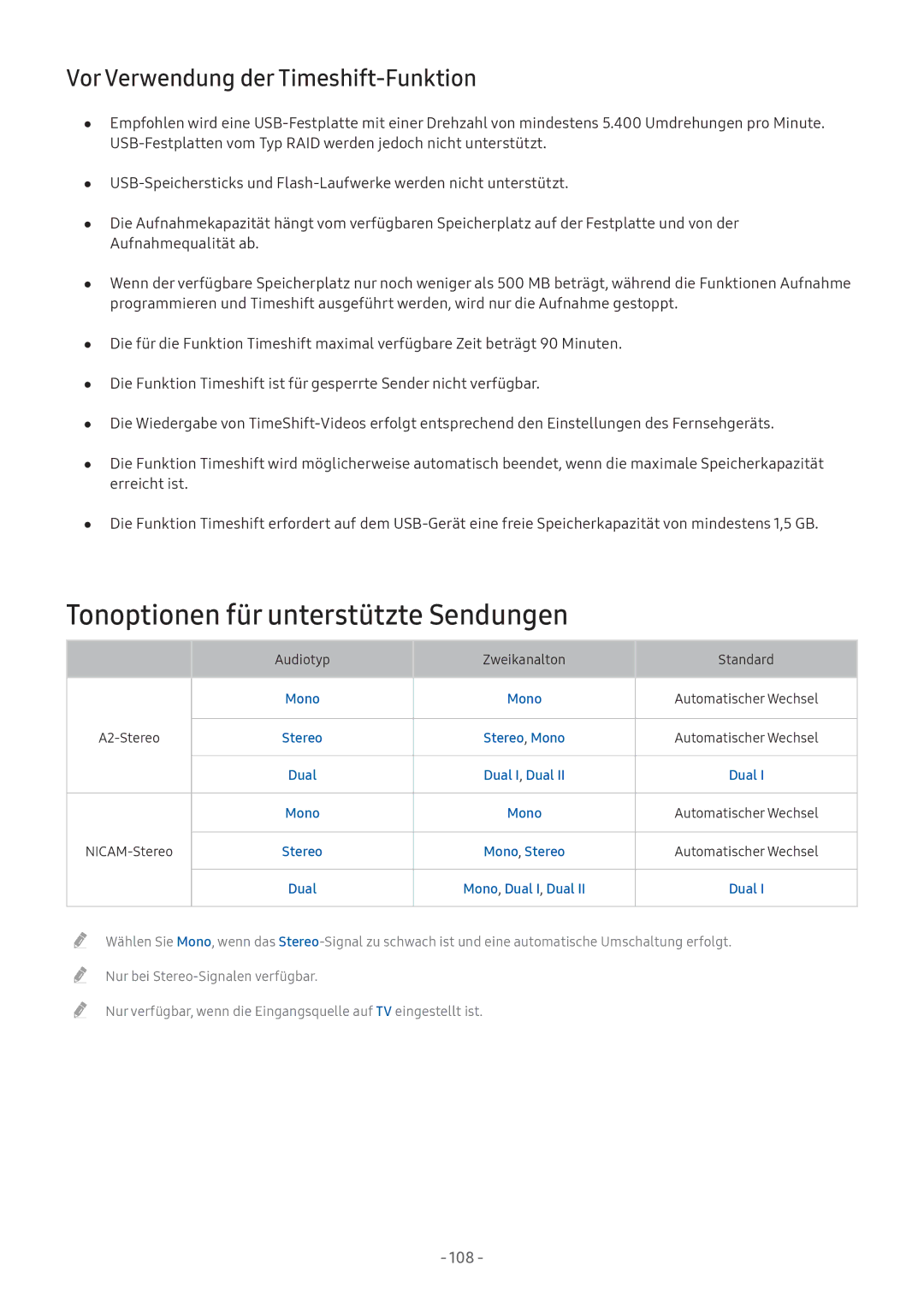 Samsung UE32M5522AKXXH, UE55M5570AUXZG manual Tonoptionen für unterstützte Sendungen, Vor Verwendung der Timeshift-Funktion 