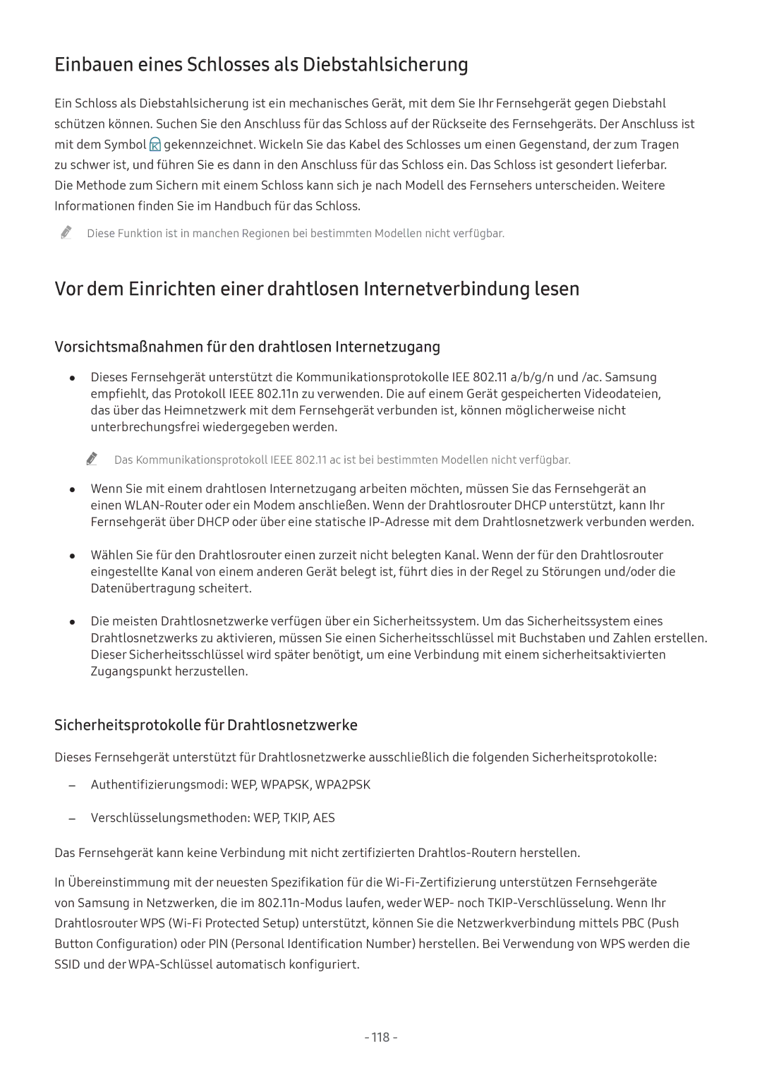 Samsung UE32M5575AUXXC manual Einbauen eines Schlosses als Diebstahlsicherung, Sicherheitsprotokolle für Drahtlosnetzwerke 