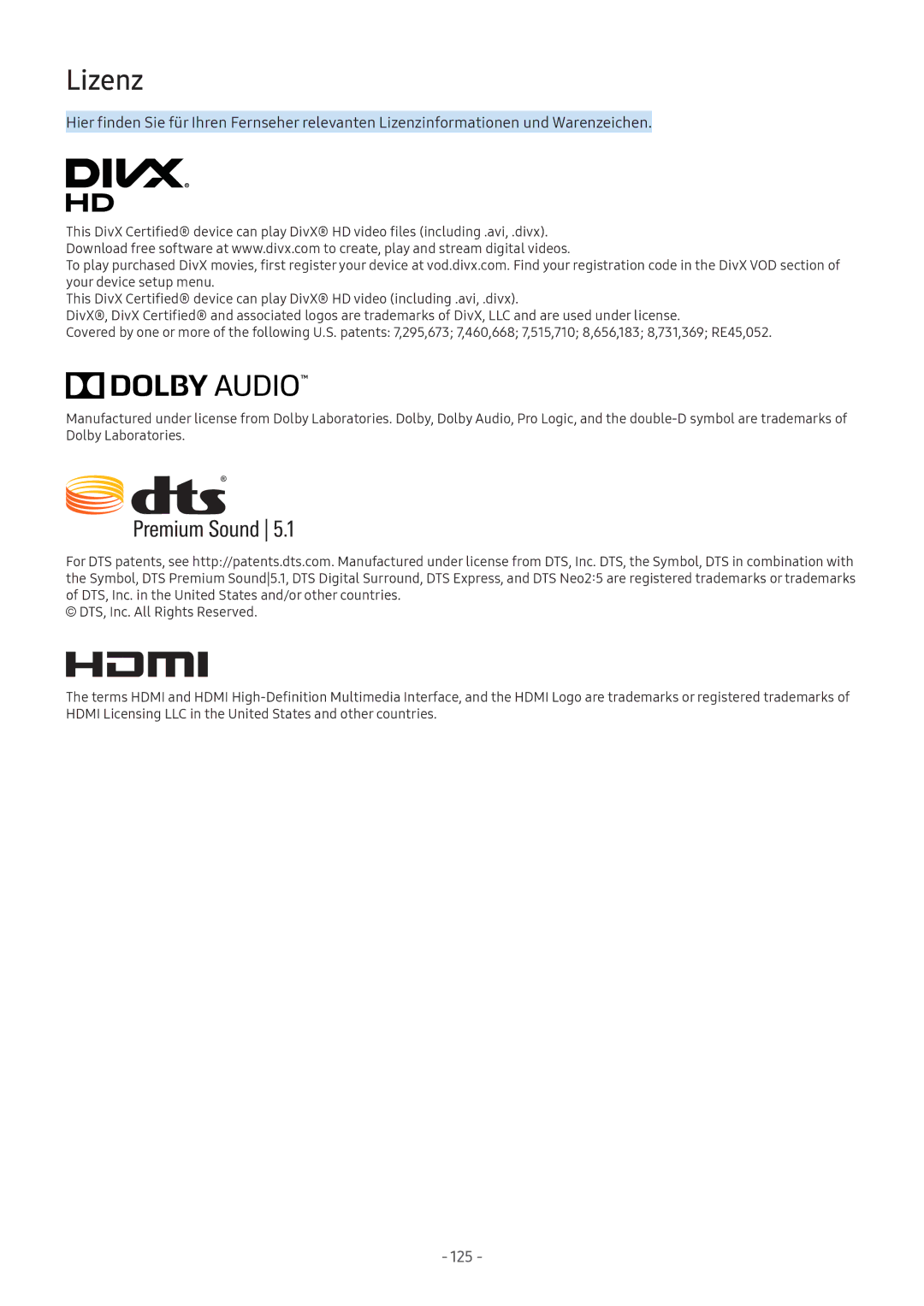 Samsung UE32M5670AUXZG, UE55M5570AUXZG, UE49M5580AUXZG, UE55M6399AUXZG, UE49M6379AUXZG, UE43M5580AUXZG manual Lizenz, 125 