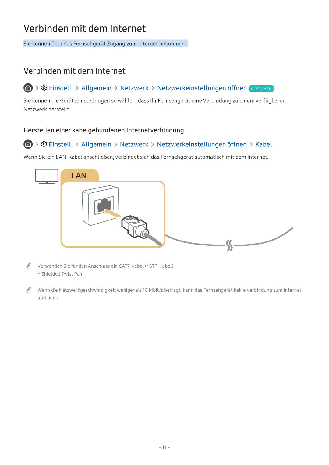 Samsung UE49M5670AUXZG, UE55M5570AUXZG Verbinden mit dem Internet, Herstellen einer kabelgebundenen Internetverbindung 