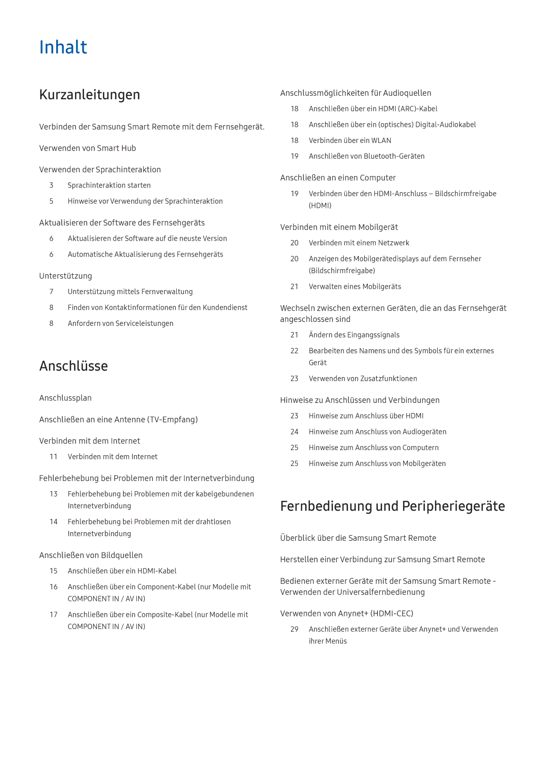 Samsung UE55M6399AUXZG, UE55M5570AUXZG, UE49M5580AUXZG manual Kurzanleitungen, Anschlüsse, Fernbedienung und Peripheriegeräte 