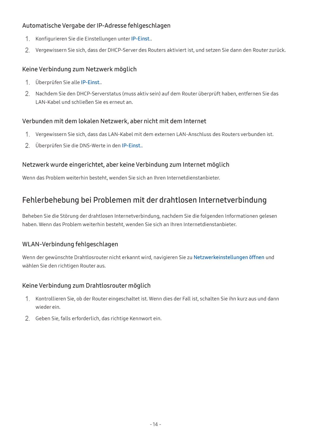 Samsung UE55M6379AUXZG manual Automatische Vergabe der IP-Adresse fehlgeschlagen, Keine Verbindung zum Netzwerk möglich 