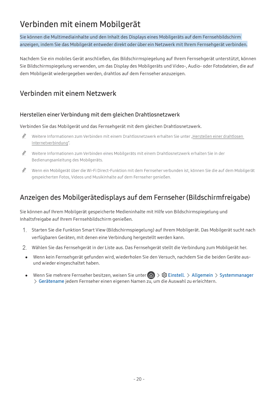 Samsung UE49M5640AUXZG, UE55M5570AUXZG, UE49M5580AUXZG manual Verbinden mit einem Mobilgerät, Verbinden mit einem Netzwerk 