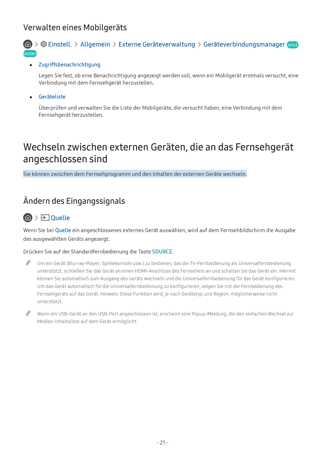 Samsung UE43M5650AUXZG Verwalten eines Mobilgeräts, Ändern des Eingangssignals, Zugriffsbenachrichtigung, Geräteliste 