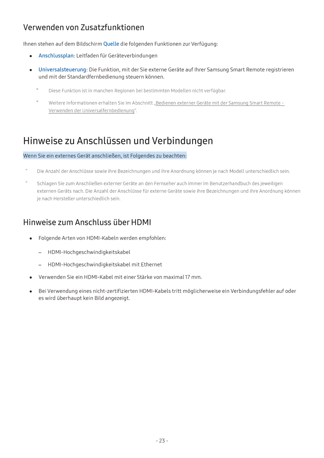 Samsung UE32M5602AKXXH, UE55M5570AUXZG manual Hinweise zu Anschlüssen und Verbindungen, Verwenden von Zusatzfunktionen 