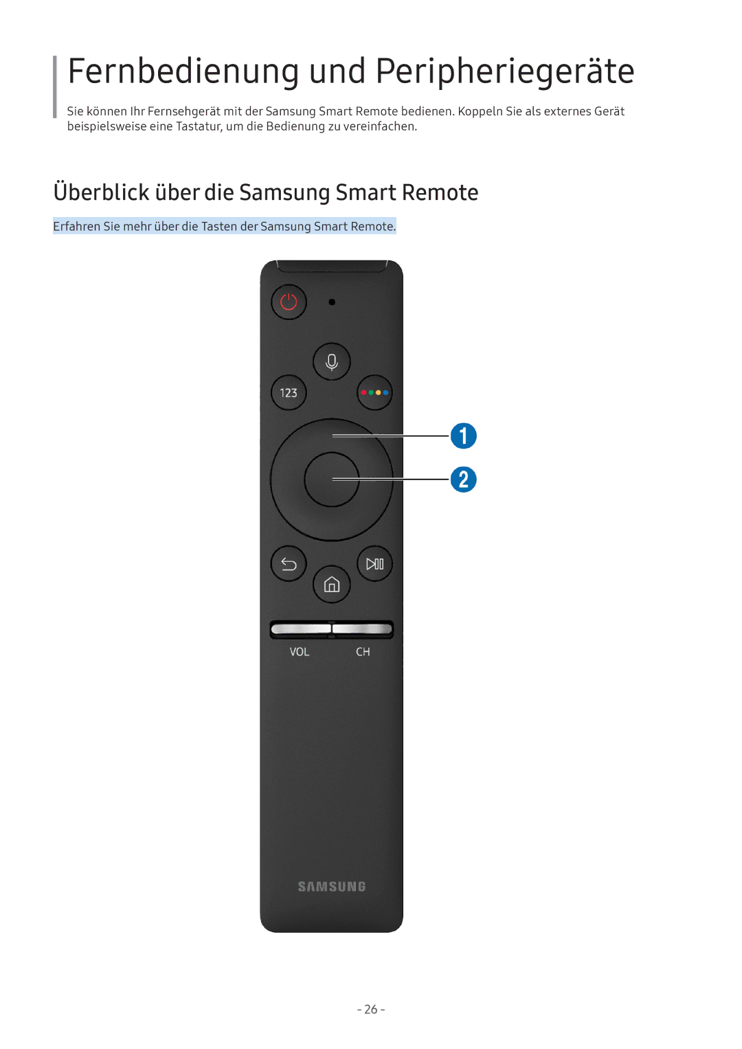 Samsung UE43M5502AKXXH, UE55M5570AUXZG manual Fernbedienung und Peripheriegeräte, Überblick über die Samsung Smart Remote 