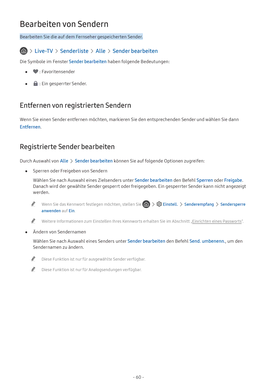 Samsung UE43M5670AUXZG manual Bearbeiten von Sendern, Entfernen von registrierten Sendern, Registrierte Sender bearbeiten 