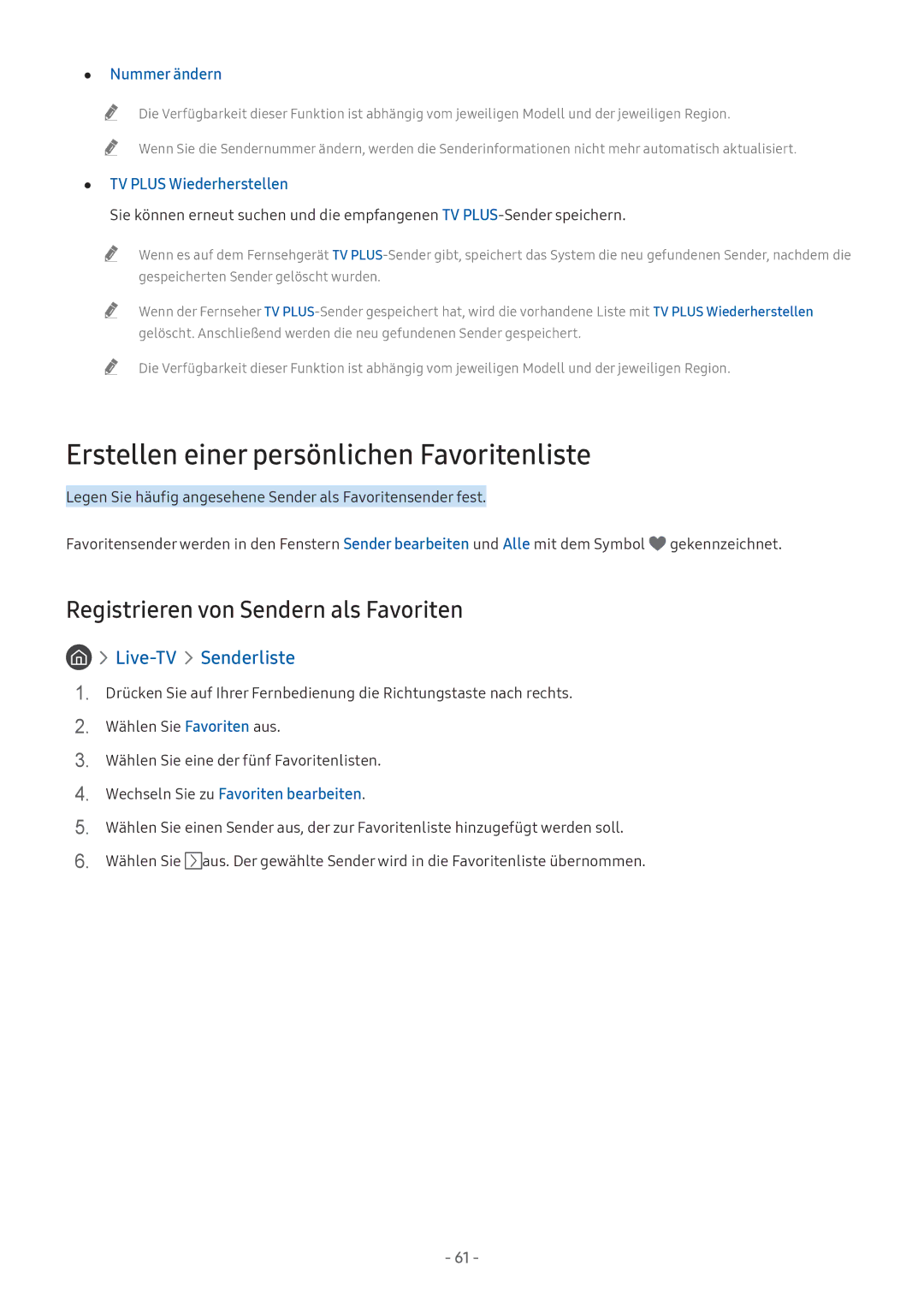 Samsung UE43M5649AUXZG Erstellen einer persönlichen Favoritenliste, Registrieren von Sendern als Favoriten, Nummer ändern 