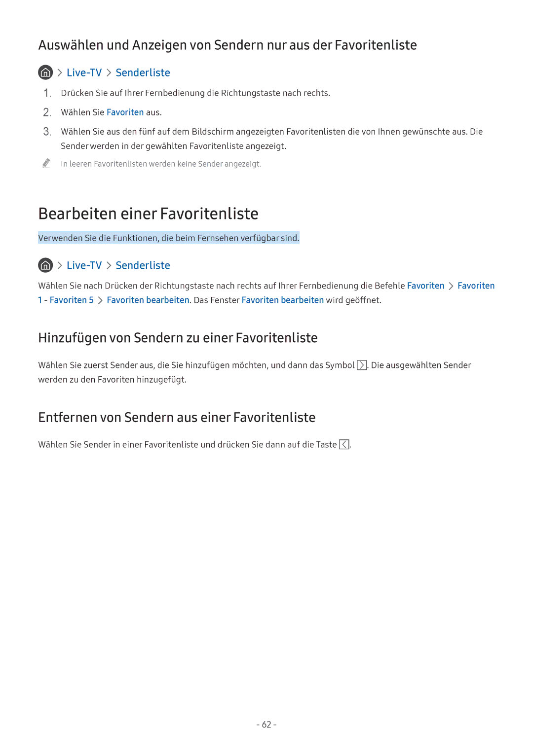 Samsung UE49M5640AUXZG, UE55M5570AUXZG Bearbeiten einer Favoritenliste, Hinzufügen von Sendern zu einer Favoritenliste 