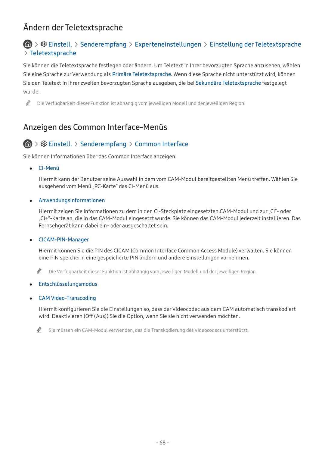 Samsung UE43M5502AKXXH, UE55M5570AUXZG, UE49M5580AUXZG manual Ändern der Teletextsprache, Anzeigen des Common Interface-Menüs 