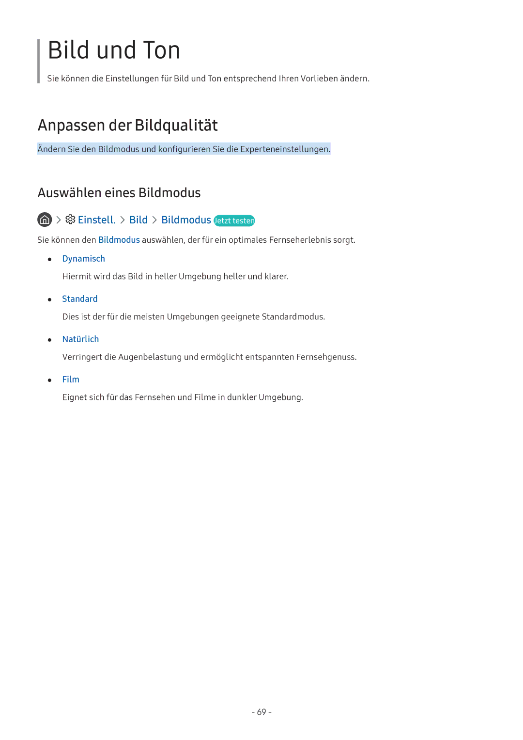 Samsung UE32M5502AKXXH manual Anpassen der Bildqualität, Auswählen eines Bildmodus, Einstell. Bild Bildmodus Jetzt testen 