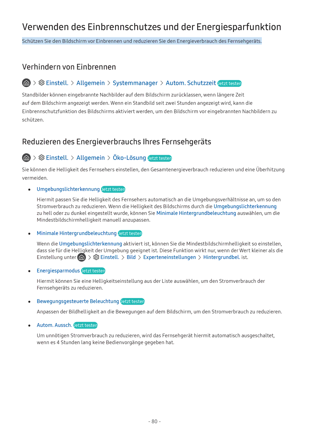 Samsung UE55M6399AUXZG manual Verwenden des Einbrennschutzes und der Energiesparfunktion, Verhindern von Einbrennen 