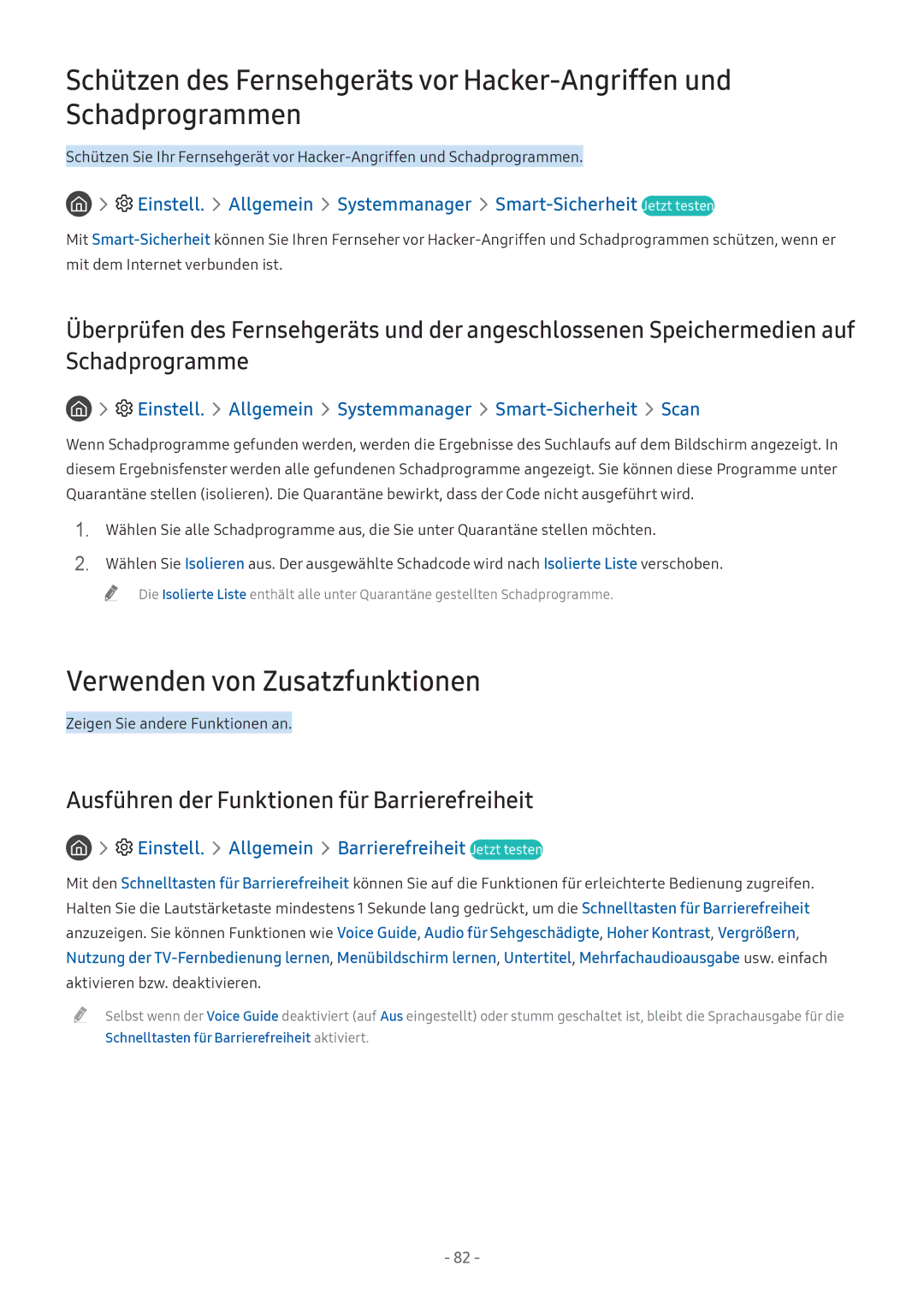 Samsung UE43M5580AUXZG, UE55M5570AUXZG manual Verwenden von Zusatzfunktionen, Ausführen der Funktionen für Barrierefreiheit 