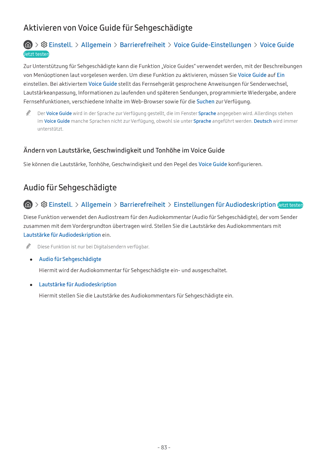 Samsung UE32M5670AUXZG, UE55M5570AUXZG manual Aktivieren von Voice Guide für Sehgeschädigte, Audio für Sehgeschädigte 