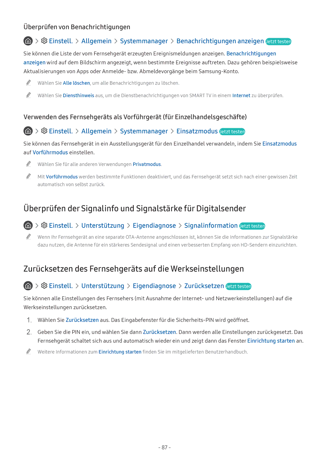 Samsung UE49M5649AUXZG manual Zurücksetzen des Fernsehgeräts auf die Werkseinstellungen, Überprüfen von Benachrichtigungen 