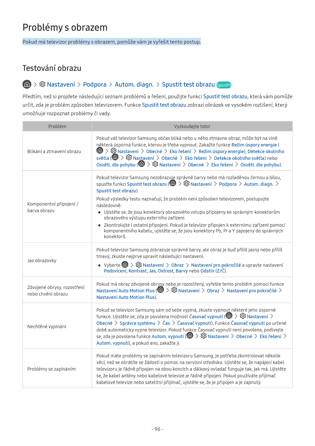 Samsung UE55M5510AKXXU Problémy s obrazem, Testování obrazu, Nastavení Podpora Autom. diagn. Spustit test obrazu Spustit 