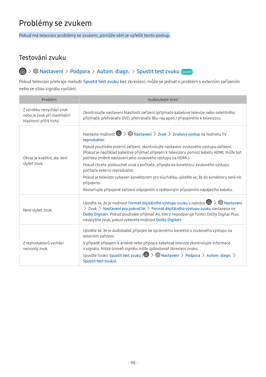 Samsung UE43M5520AWXXN Problémy se zvukem, Testování zvuku, Nastavení Podpora Autom. diagn. Spustit test zvuku Spustit 