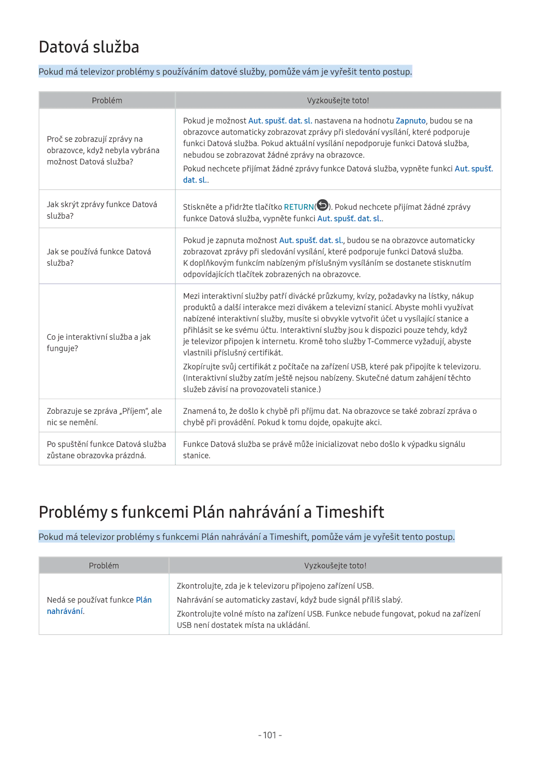 Samsung UE49M5510AKXXU, UE55M5570AUXZG, UE49M5580AUXZG manual Datová služba, Problémy s funkcemi Plán nahrávání a Timeshift 