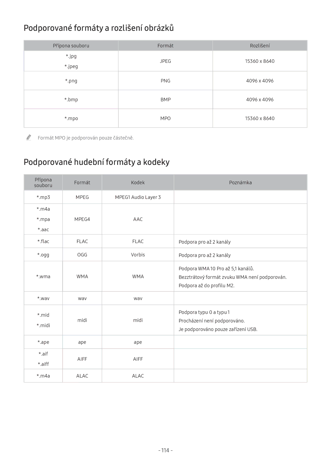 Samsung UE55M6000AUXSQ, UE55M5570AUXZG manual Podporované formáty a rozlišení obrázků, Podporované hudební formáty a kodeky 