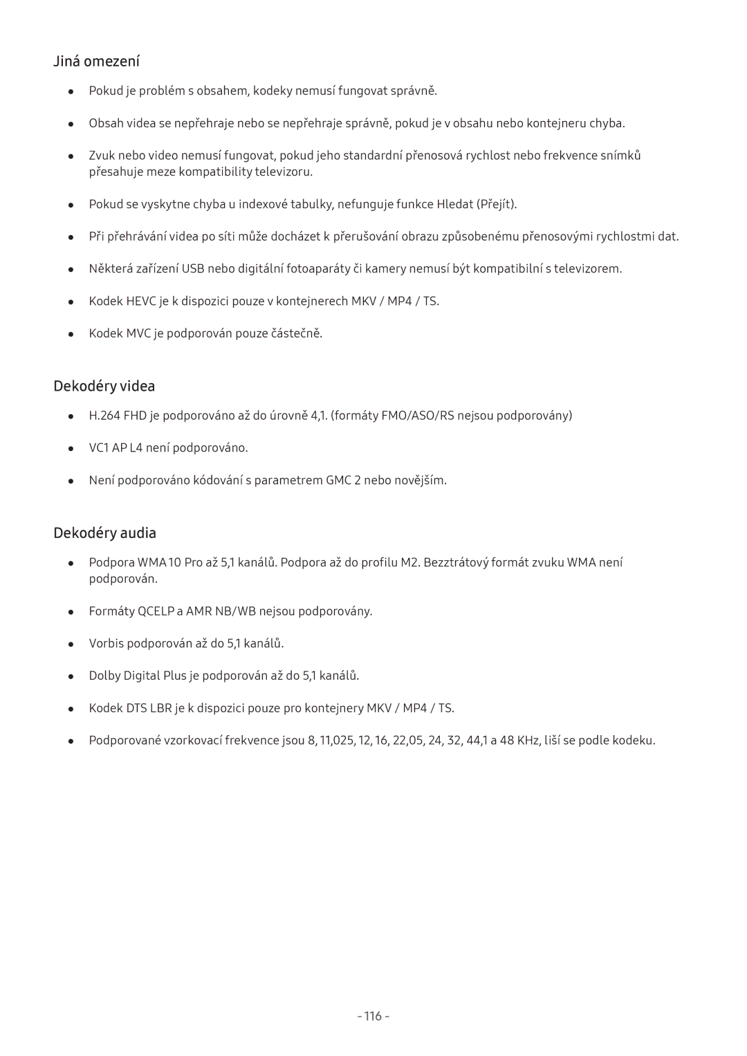 Samsung UE49M6320AWXXN, UE55M5570AUXZG, UE49M5580AUXZG, UE55M6399AUXZG manual Jiná omezení, Dekodéry videa, Dekodéry audia 