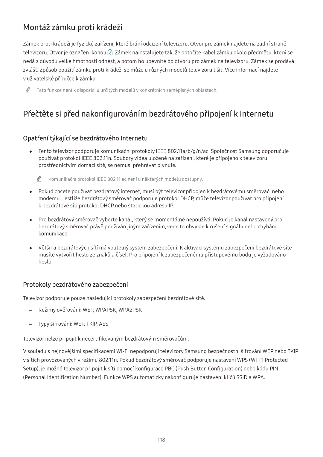 Samsung UE49M5600AKXXU, UE55M5570AUXZG manual Montáž zámku proti krádeži, Opatření týkající se bezdrátového Internetu 