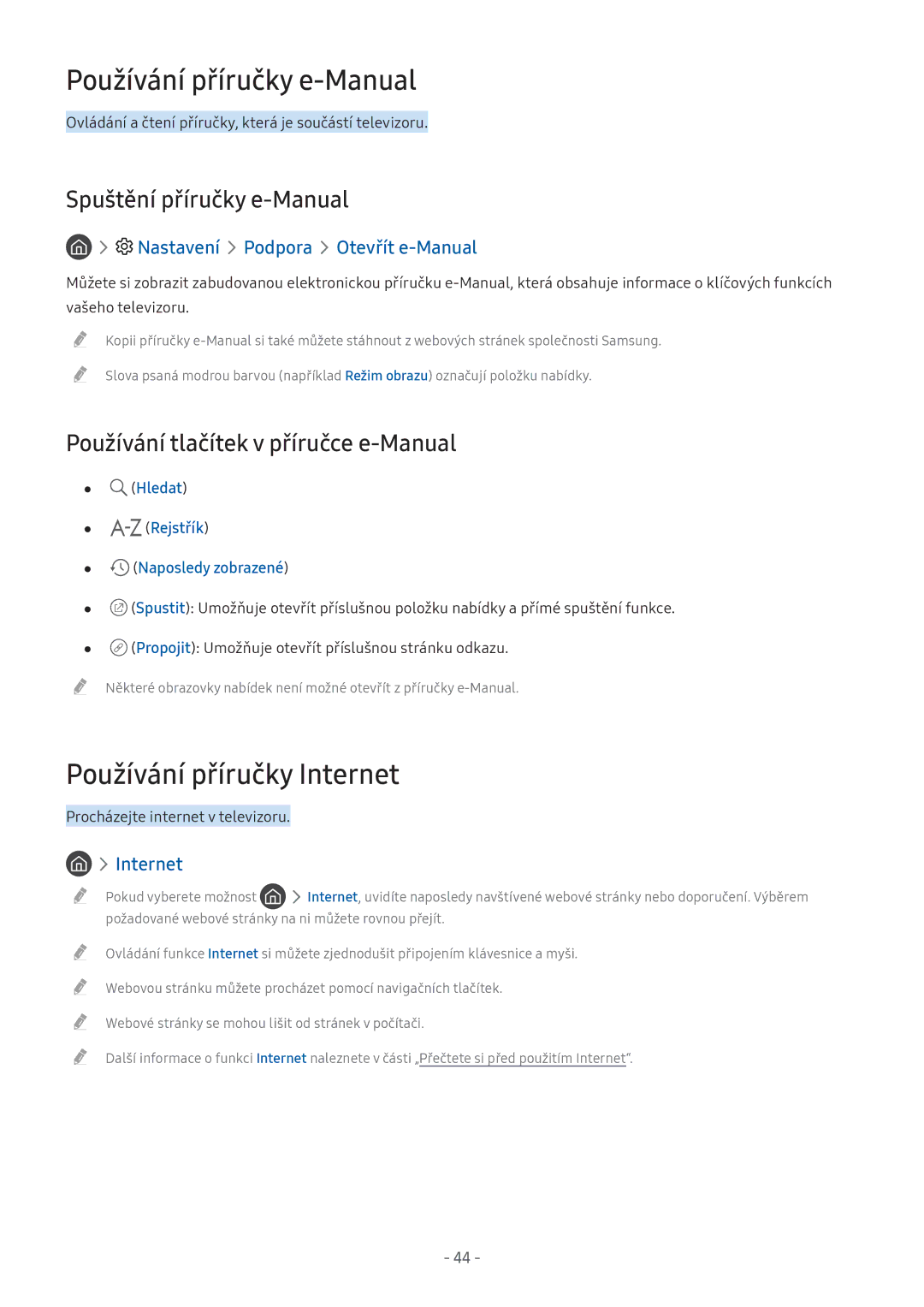 Samsung UE32M5672AUXXH manual Používání příručky e-Manual, Používání příručky Internet, Spuštění příručky e-Manual 