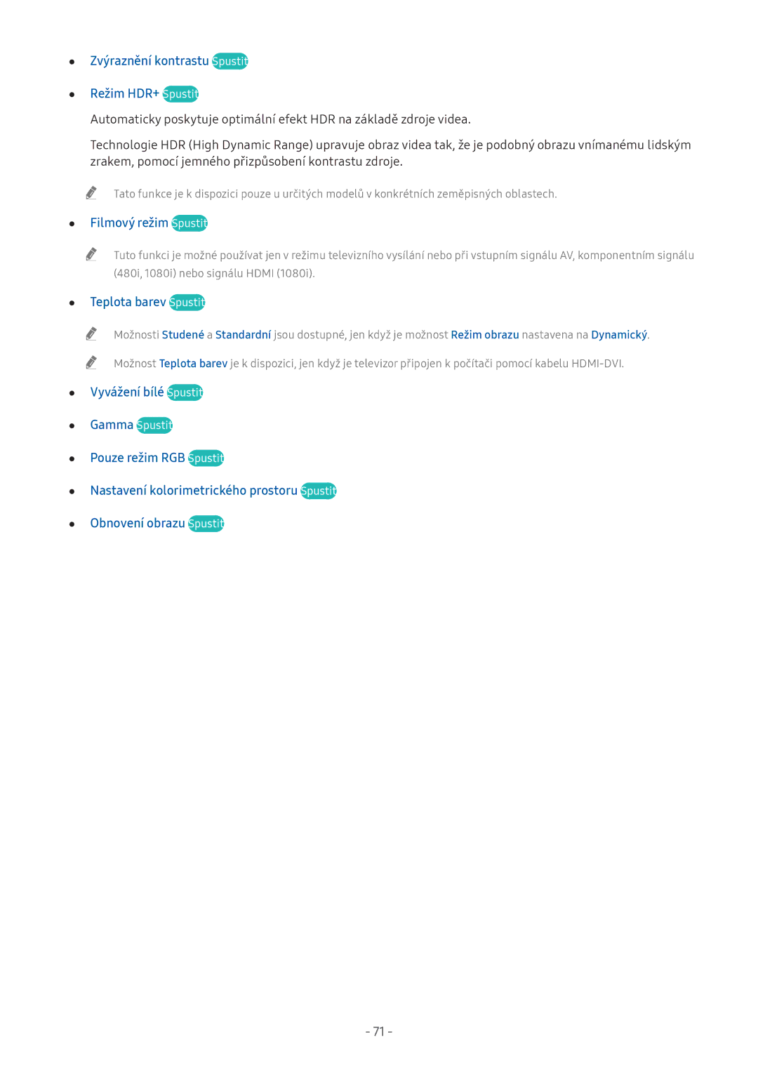 Samsung UE55M5575AUXXC manual Zvýraznění kontrastu Spustit Režim HDR+ Spustit, Filmový režim Spustit, Teplota barev Spustit 