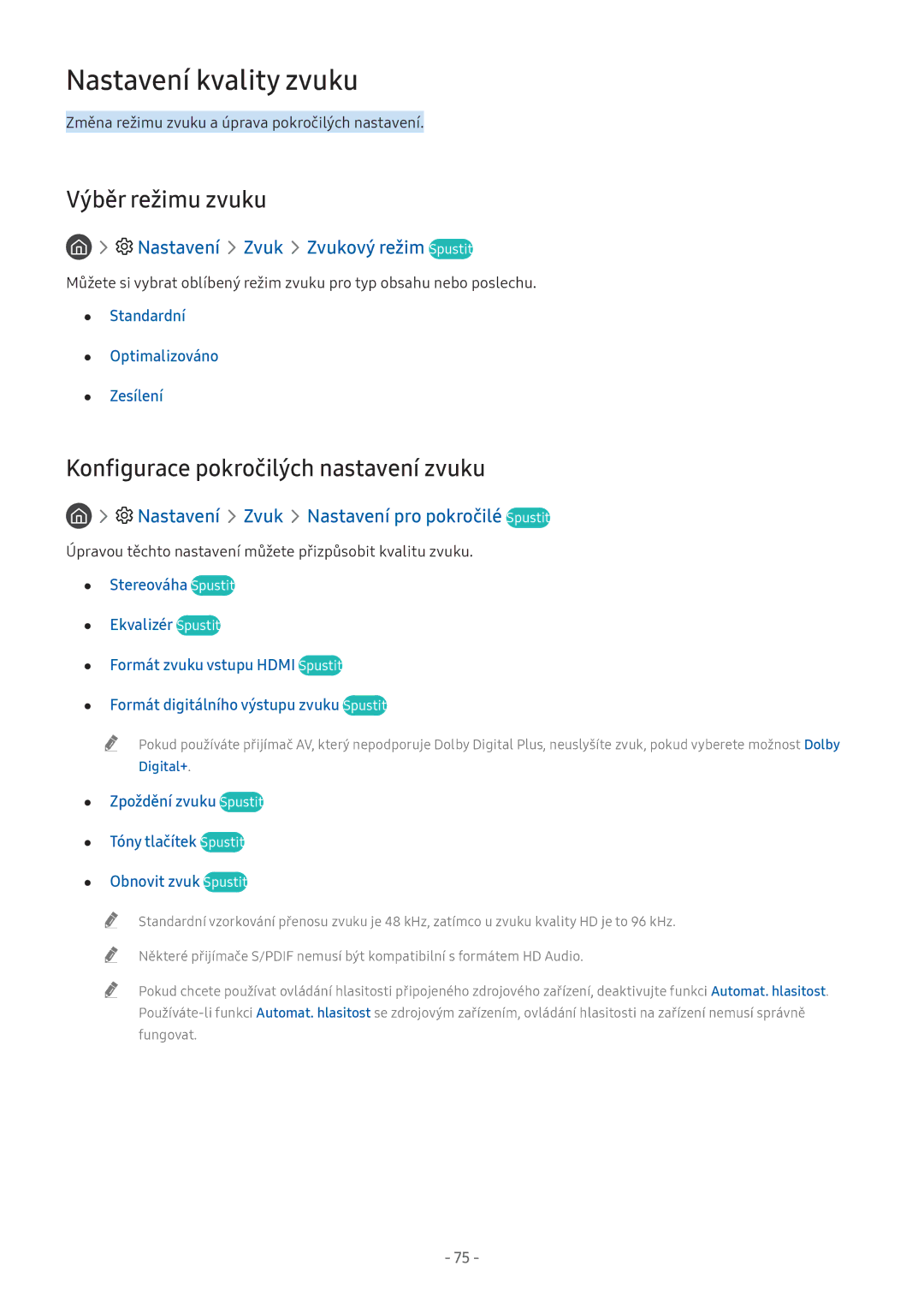 Samsung UE49M5582AUXXH manual Nastavení kvality zvuku, Výběr režimu zvuku, Konfigurace pokročilých nastavení zvuku 