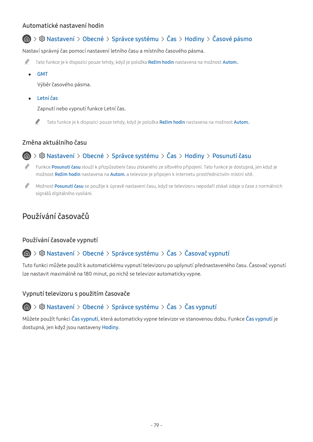 Samsung UE49M5672AUXXH, UE55M5570AUXZG manual Používání časovačů, Nastavení Obecné Správce systému Čas Hodiny Časové pásmo 