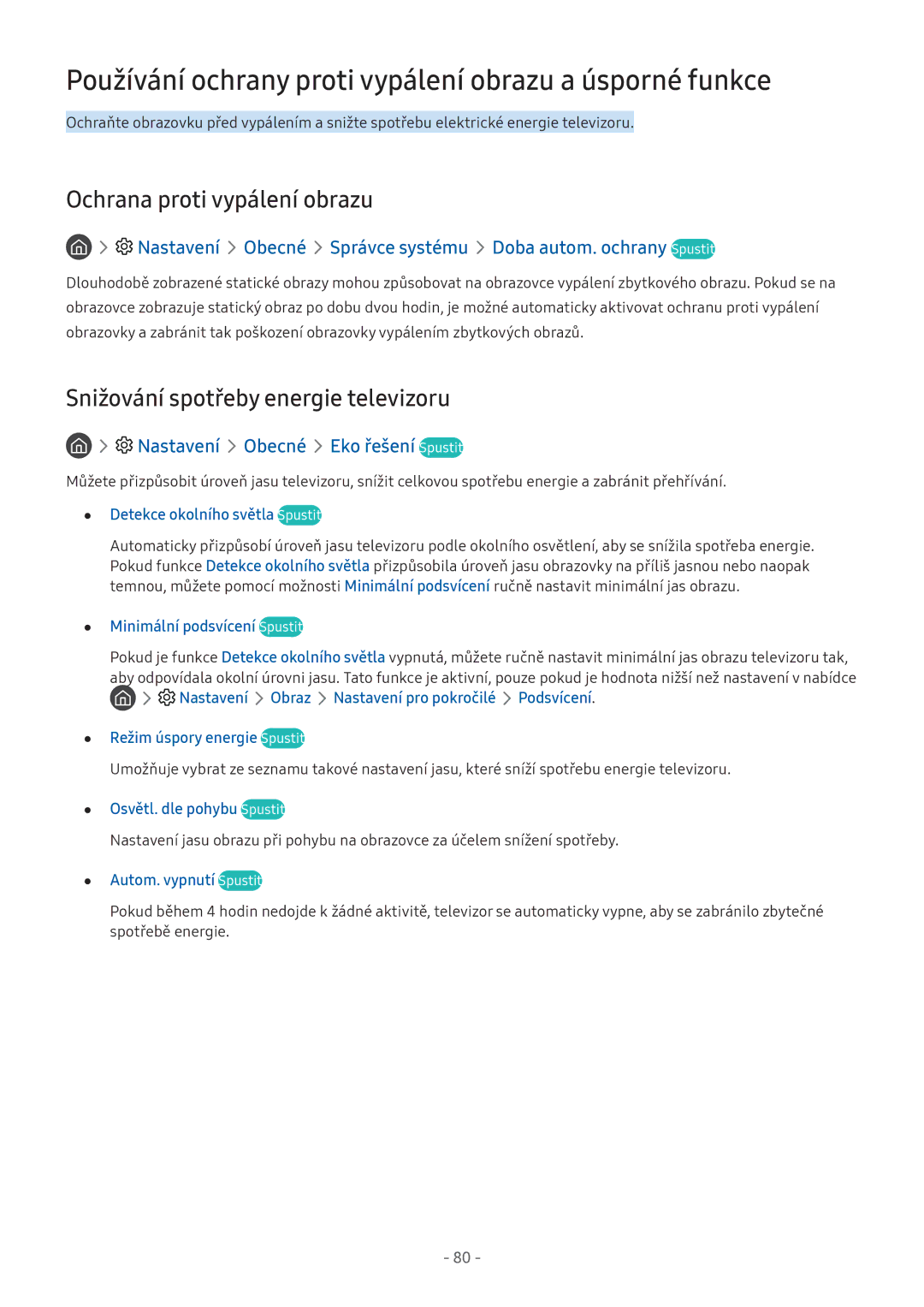 Samsung UE43M5582AUXXH manual Používání ochrany proti vypálení obrazu a úsporné funkce, Ochrana proti vypálení obrazu 