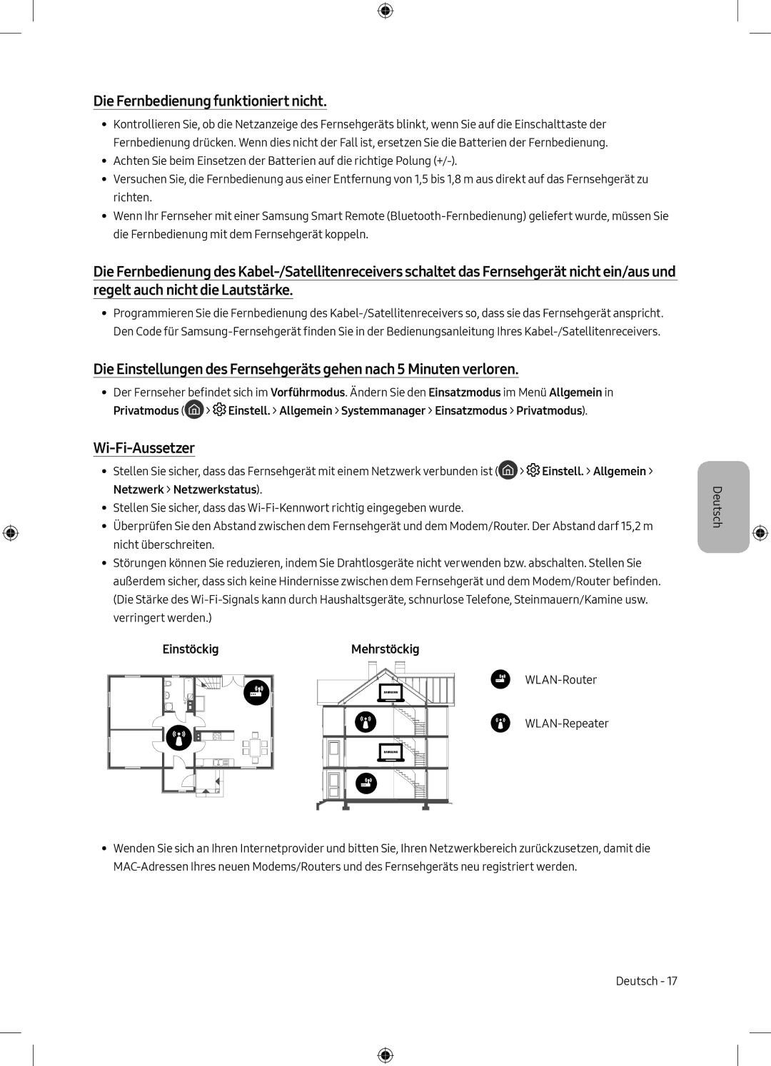 Samsung UE49M6305AKXXC, UE55M6305AKXXC manual Die Fernbedienung funktioniert nicht, Wi-Fi-Aussetzer, EinstöckigMehrstöckig 