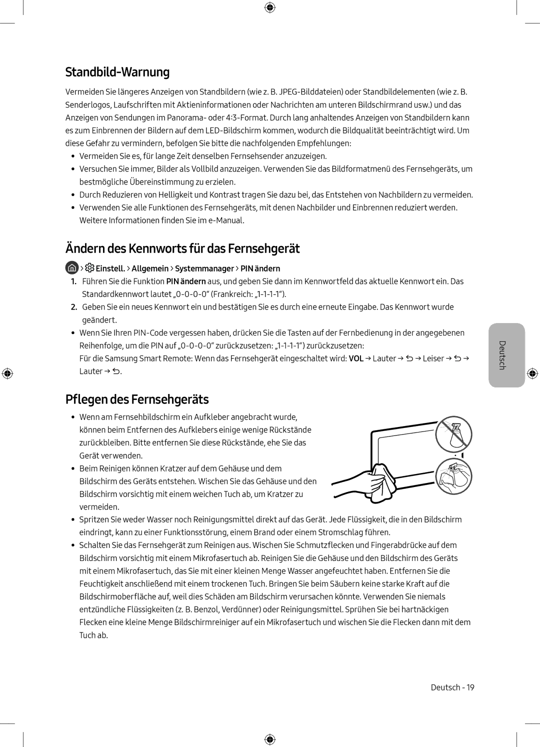 Samsung UE49M6305AKXXC manual Standbild-Warnung, Ändern des Kennworts für das Fernsehgerät, Pflegen des Fernsehgeräts 