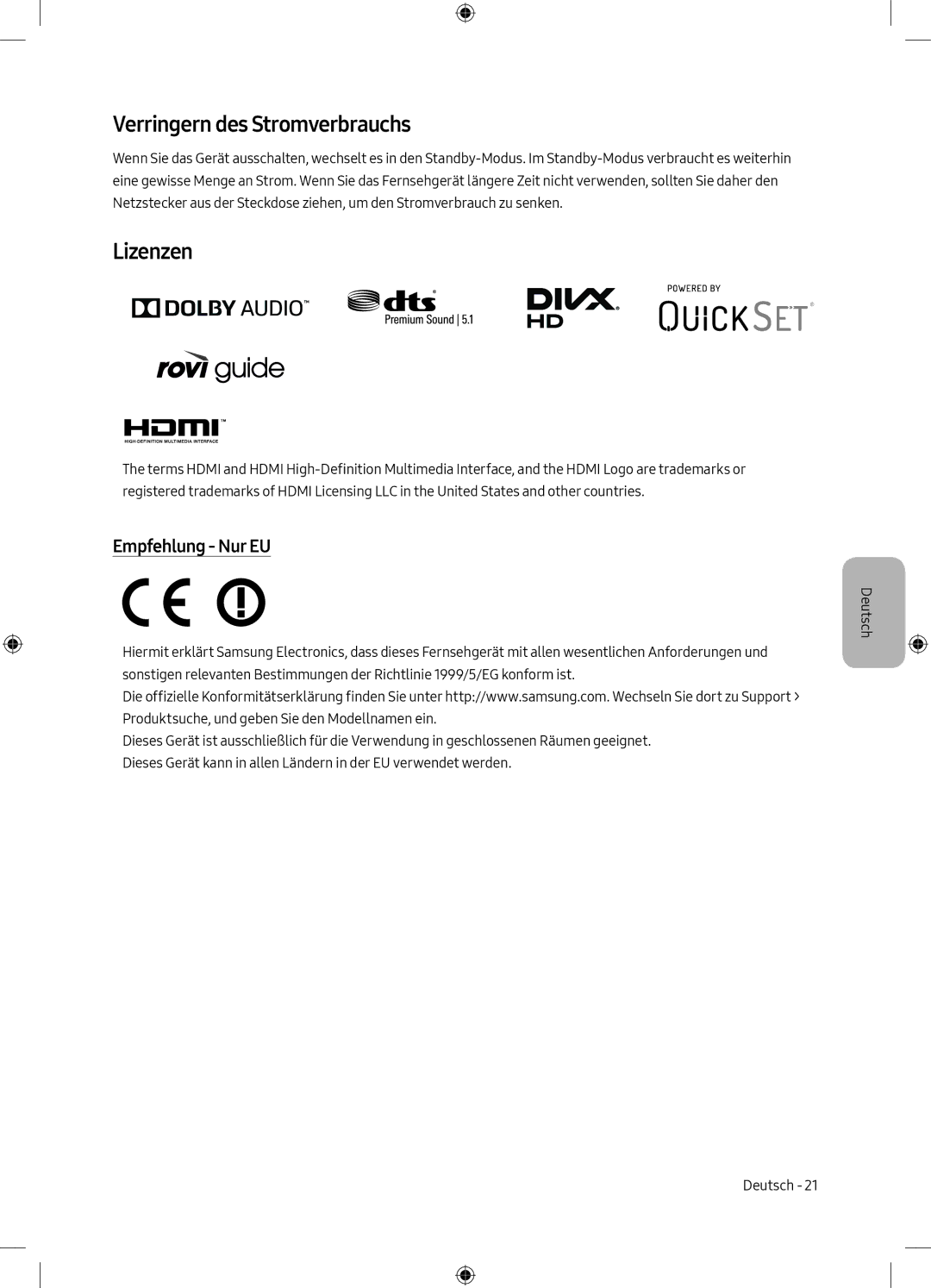 Samsung UE49M6305AKXXC, UE55M6305AKXXC manual Verringern des Stromverbrauchs, Lizenzen, Empfehlung Nur EU 